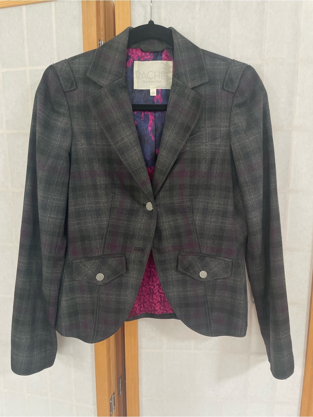 RACHEL Rachel Roy Gray Plaid Blazer with Purple Lining